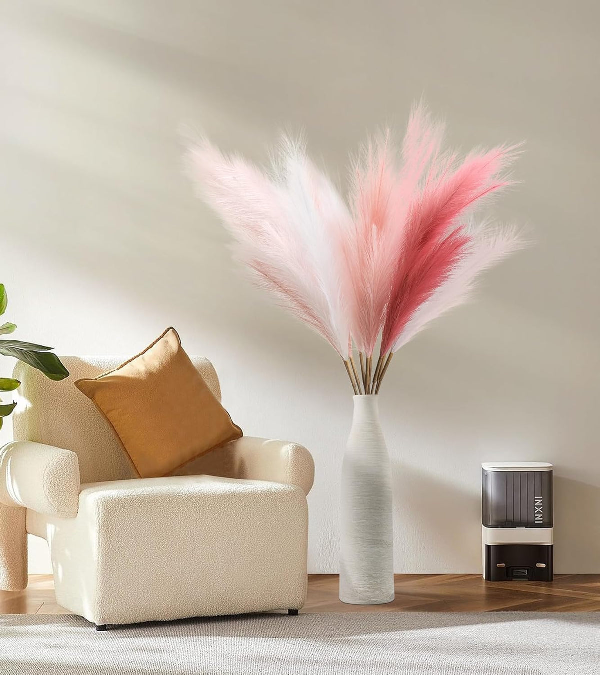 SeptCat 9 Pcs 45" Pampas Grass Tall Pink White Decor Faux Dried Fluffy Fake Long Light Pink Pompas Artificial Pompous Stems Bouquet Flower Vase Filler Home Wedding Room Wall Decoration