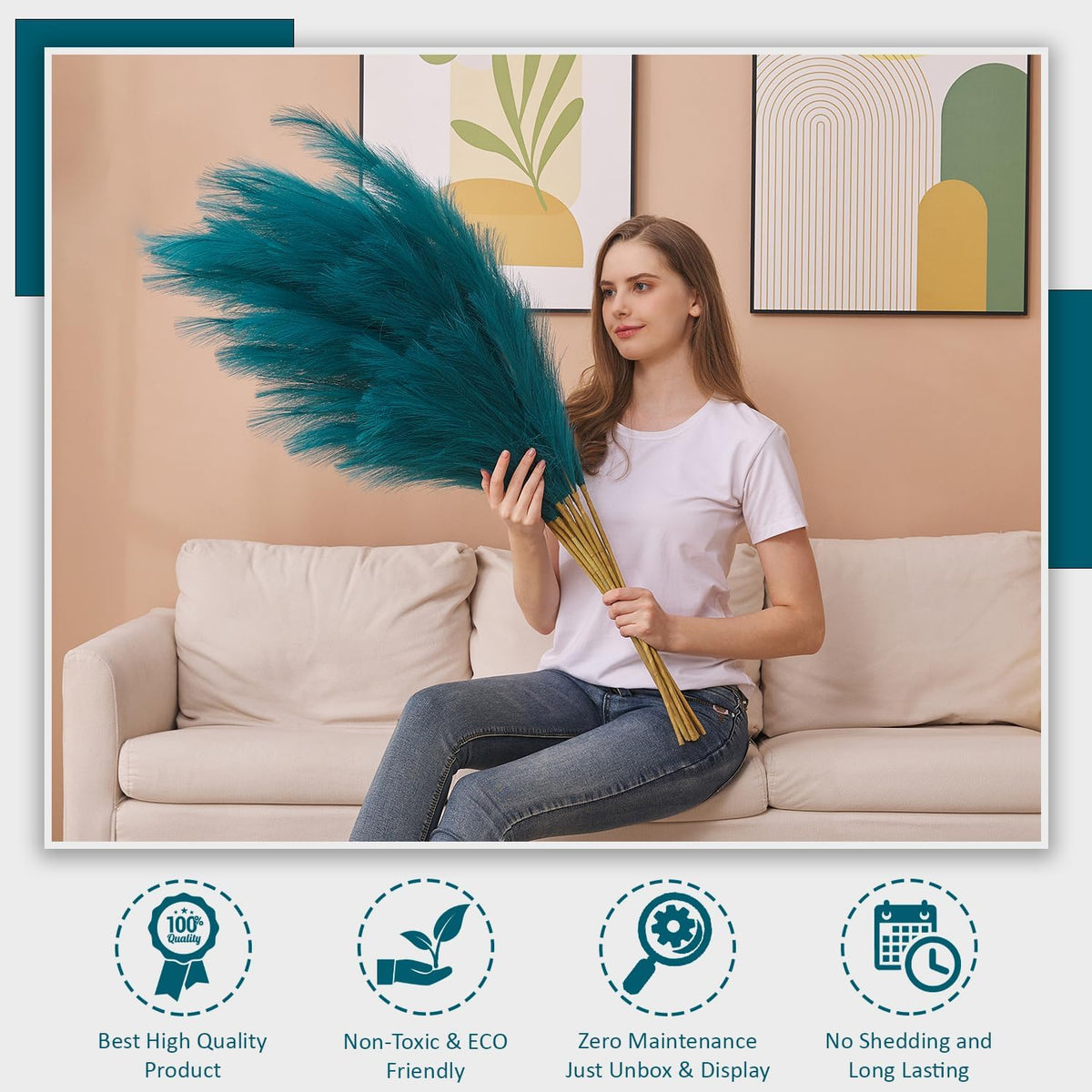 7 Pcs 45" Faux Pampas Grass – Fluffy Artificial Pompous Grass for Tall Floor Vase, Non-Shedding Home Decor, Boho Wedding Flowers, Baby Shower Centerpieces, Bedroom & Living Room Decor (Blue)