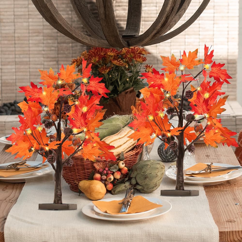 YEAHOME Fall Decorations for Home, 2 Pack 24”/2FT Lighted Fall Maple Leaves Tree with Warm White LEDs Autumn Decor, Pine Cone, Acorn Ornaments Battery Powered Timer for Thanksgiving