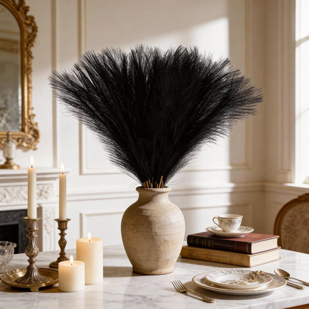 50pcs Black Pampas Grass 21.6 Inch Non-Shedding Faux Pampas for Gothic Home, Moody Boho, Halloween and Modern Wedding Decor