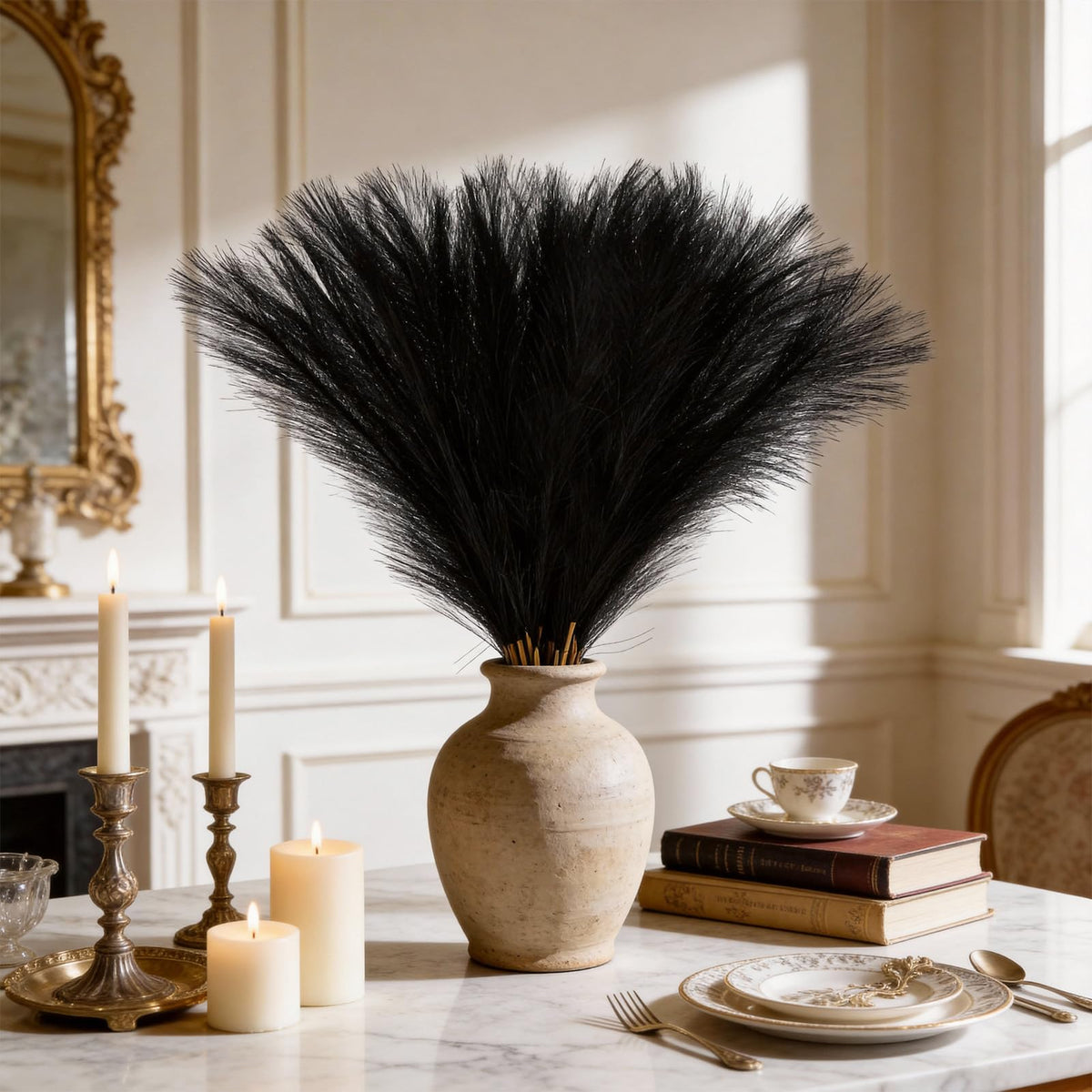 50pcs Black Pampas Grass 21.6 Inch Non-Shedding Faux Pampas for Gothic Home, Moody Boho, Halloween and Modern Wedding Decor