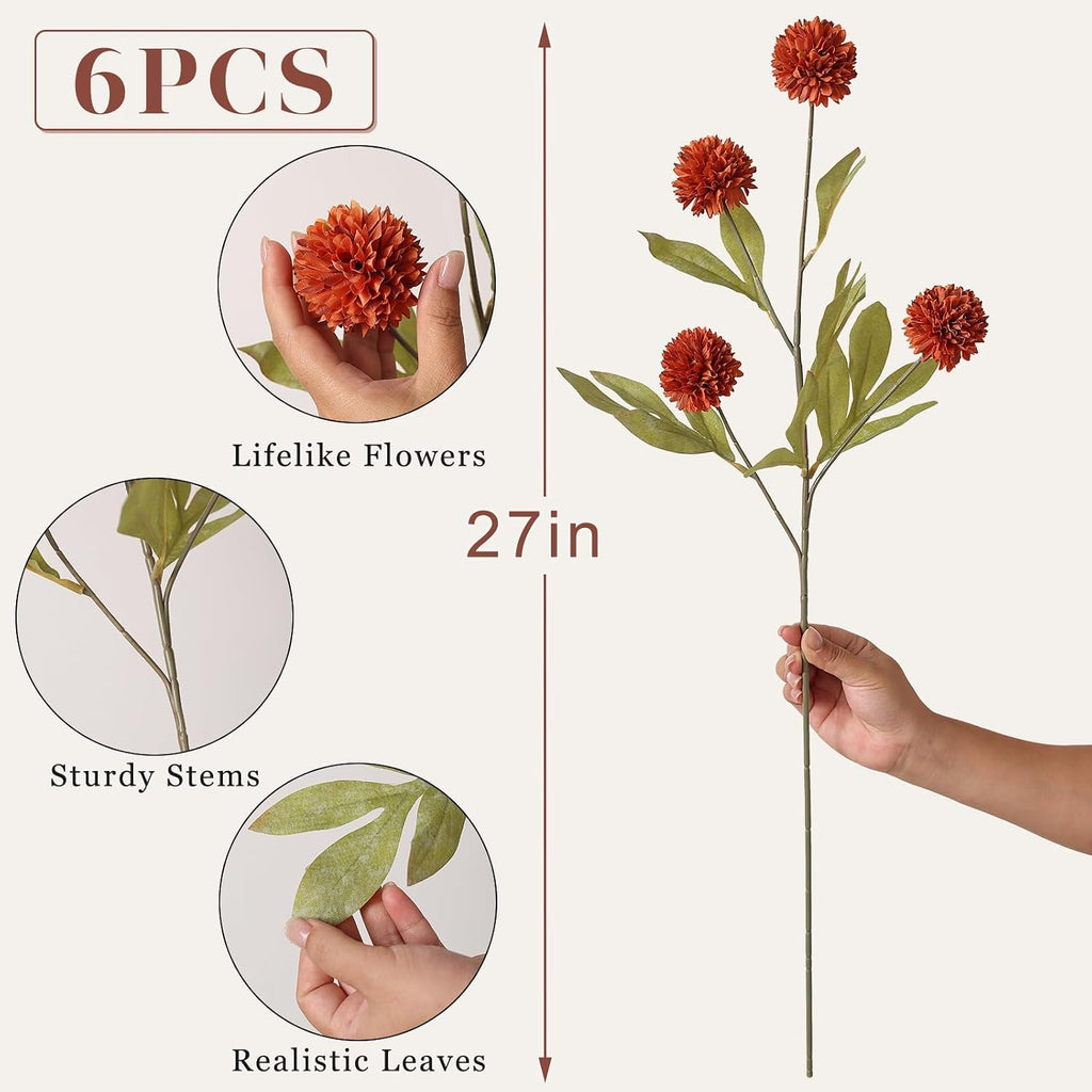 VIERENA 6 Pcs 27" Artificial Fall Pompon Mum Flower Stems for Vase (Orange)