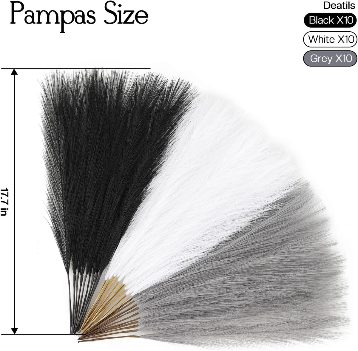 UREYMX Faux Pampas Grass Decor 17.7 Inch 30pcs, Artificial Pampas Grass Fluffy Home Decor, Short Vase Room Decor pompous Grass Flower Arrangement for Boho Home Wedding Decoration (Black,White,Grey)