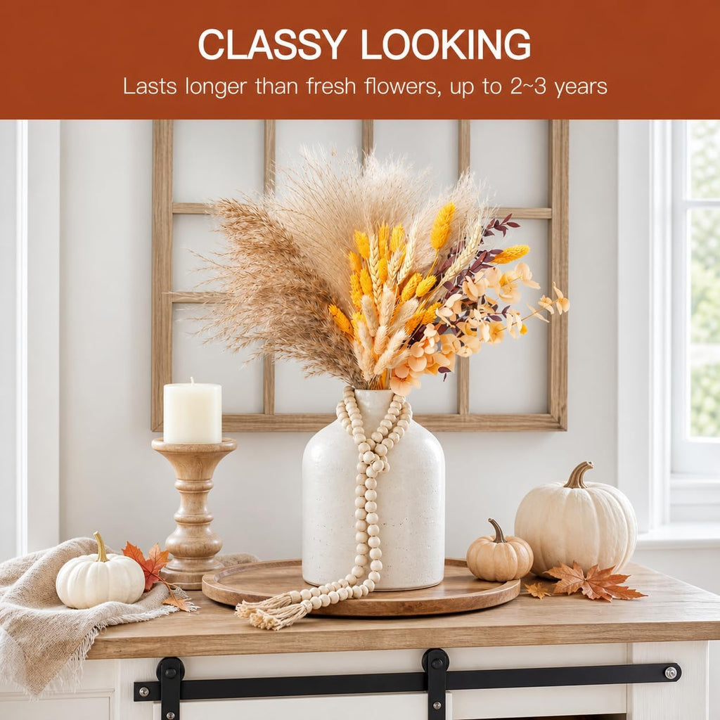 Orange Pampas Grass Dried Flower Bouquet (95 Pcs, 17") - Fluffy Boho Fall Decorations for Home, Autumn Floral Table Centerpiece for Thanksgiving & Room Decor