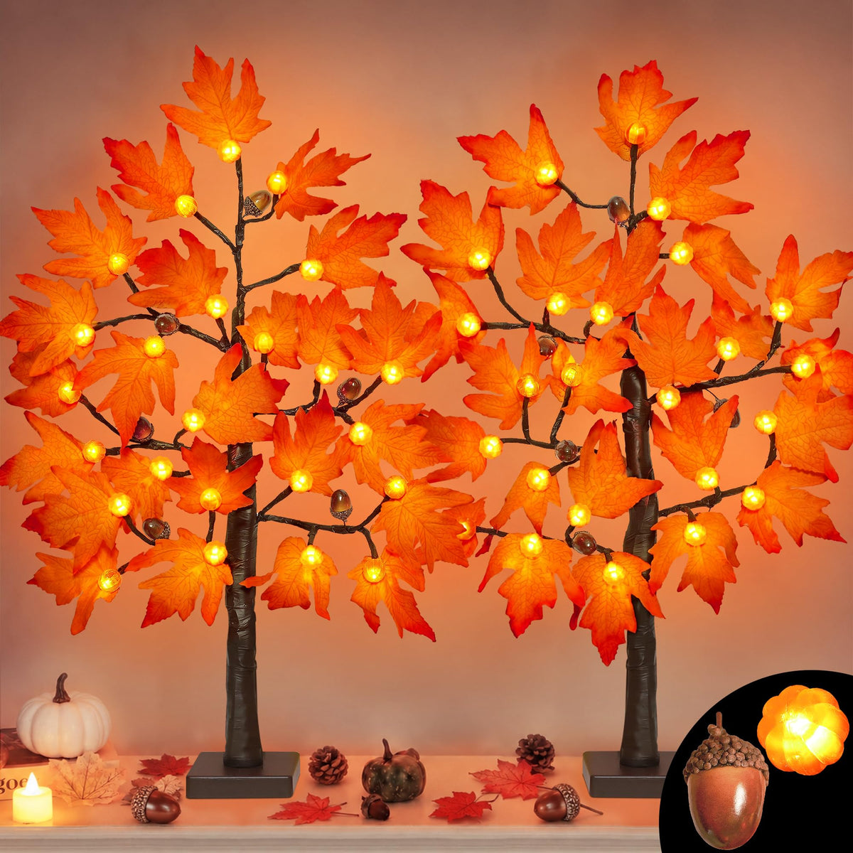 [Timer] 2 Pack 24 Inch Fall Maple Tree Decor with 48 LED Fall Thanksgiving Decorations, Battery Operated Fall Tree Lights with Pumpkin Acorn Maple for Fall Thanksgiving Table Decorations Home Indoor