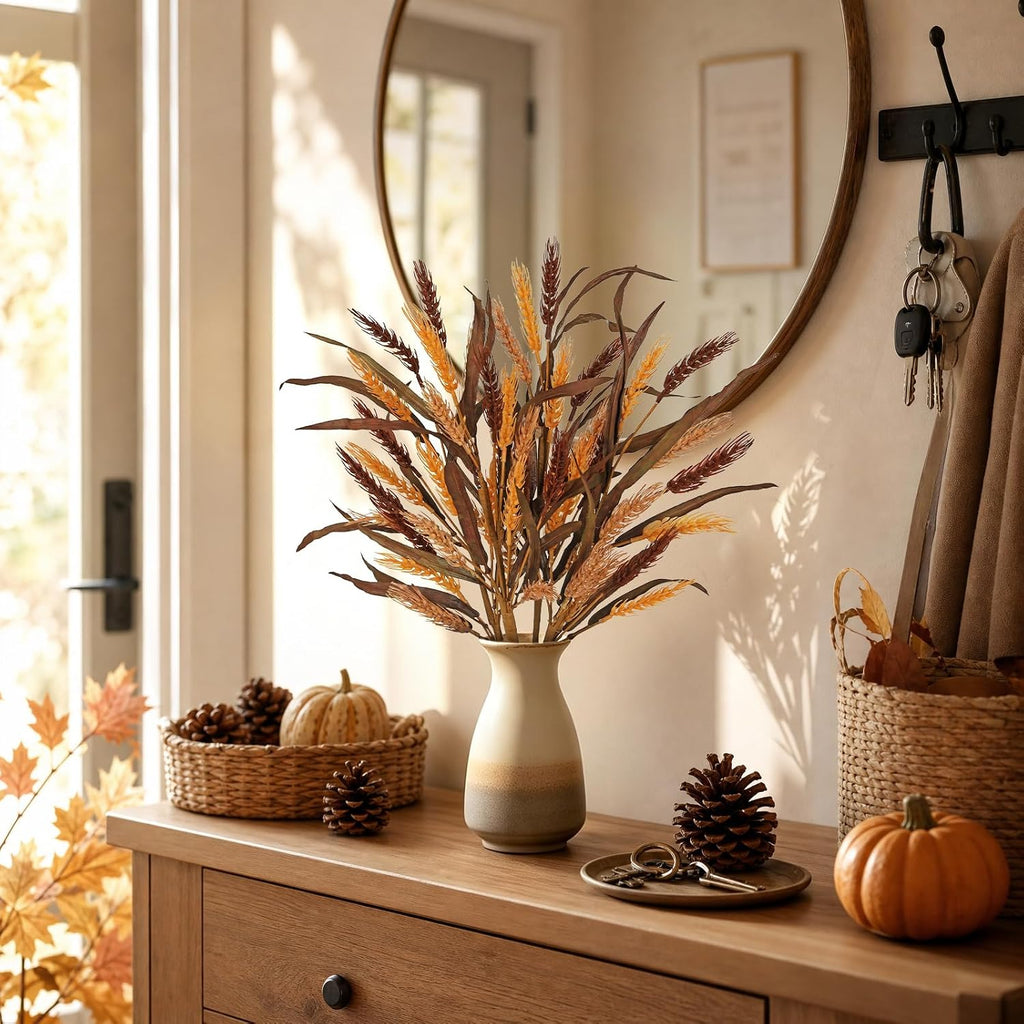 Hollyone 4Pcs Fall Stems Artificial Wheat Stalks 24.8inch Fall Floral Stems Wheat Stalks Bundle Arrangement Pampas Grass Flowers Bouquet Boho Decor for Harvest DIY Thanksgiving Farmhouse Decor Orange
