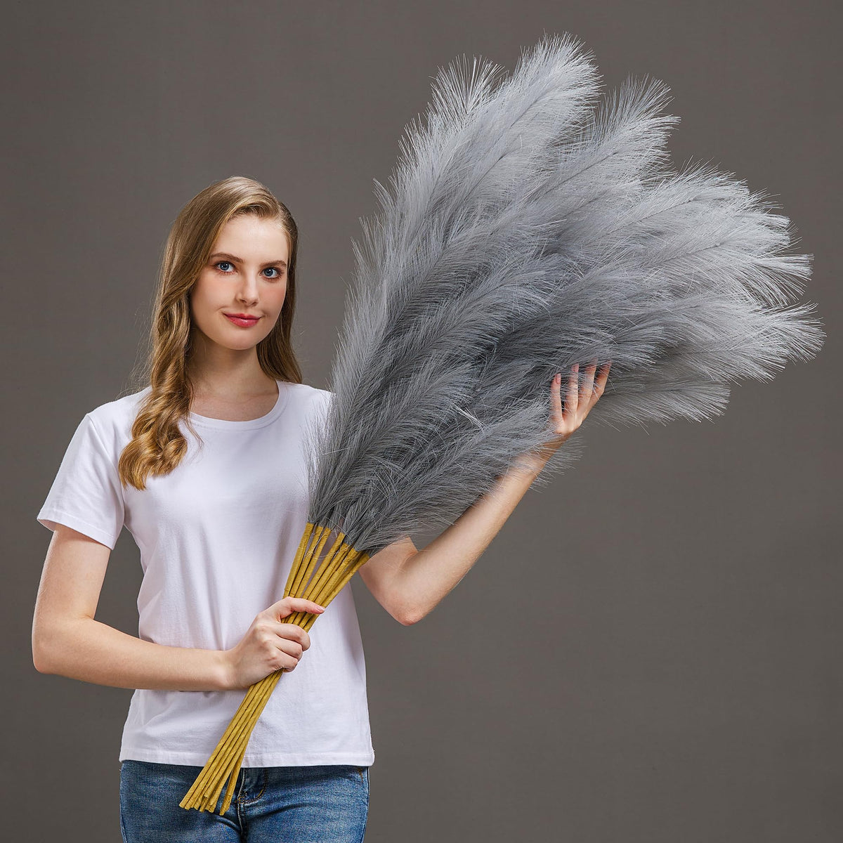 7 Pcs 45" Faux Pampas Grass – Fluffy Artificial Pompous Grass for Tall Floor Vase, Non-Shedding Home Decor, Boho Wedding Flowers, Baby Shower Centerpieces, Bedroom & Living Room Decor (Blue)