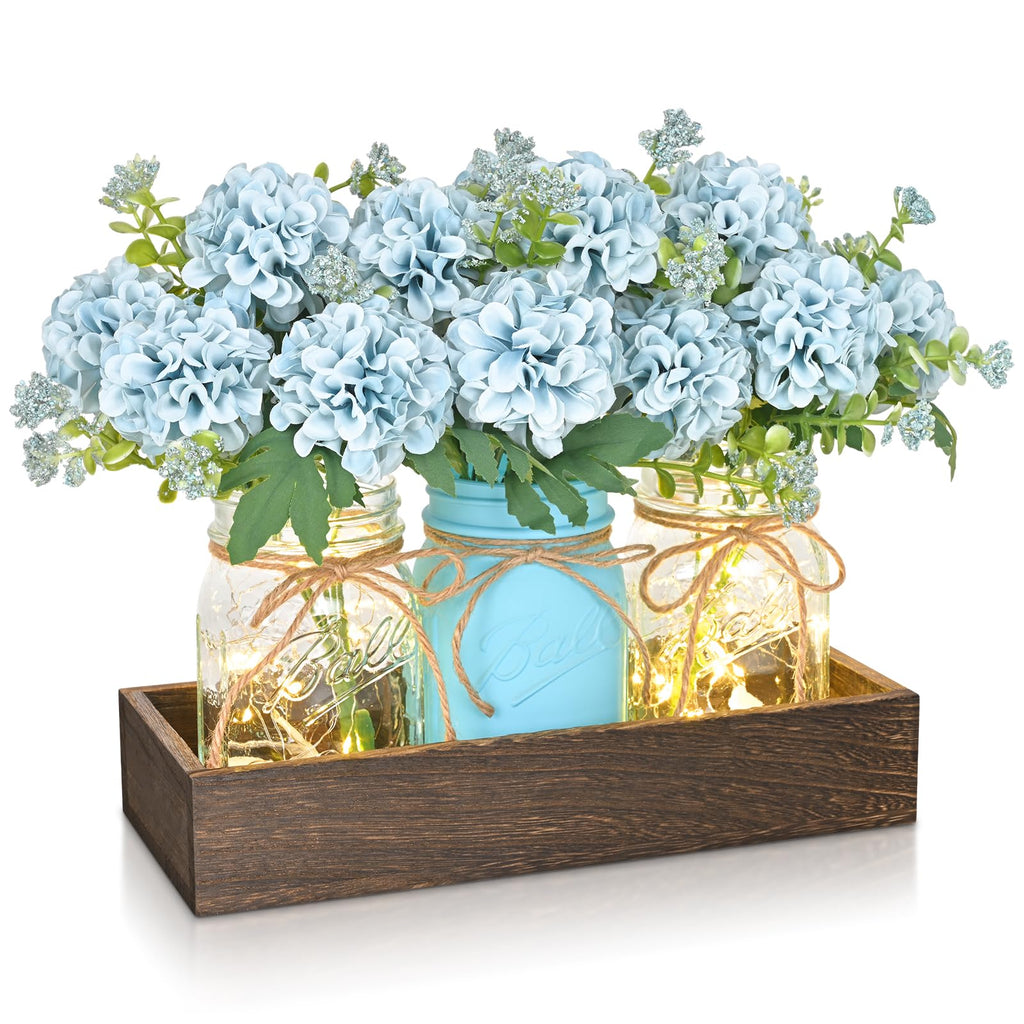 BLEUM CADE 3Pcs Mason Jar with Artificial Roses Flowers Wood Tray and Light