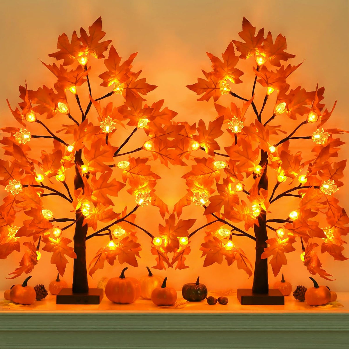 [Timer] 2 Pack 24 Inch Fall Maple Tree Decor with 48 LED Fall Thanksgiving Decorations, Battery Operated Fall Tree Lights with Pumpkin Acorn Maple for Fall Thanksgiving Table Decorations Home Indoor
