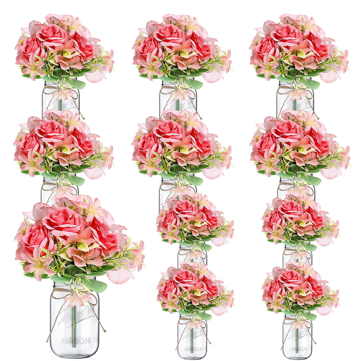 10 Sets Mason Jars Flower Table Centerpiece with White Rose - Ivory