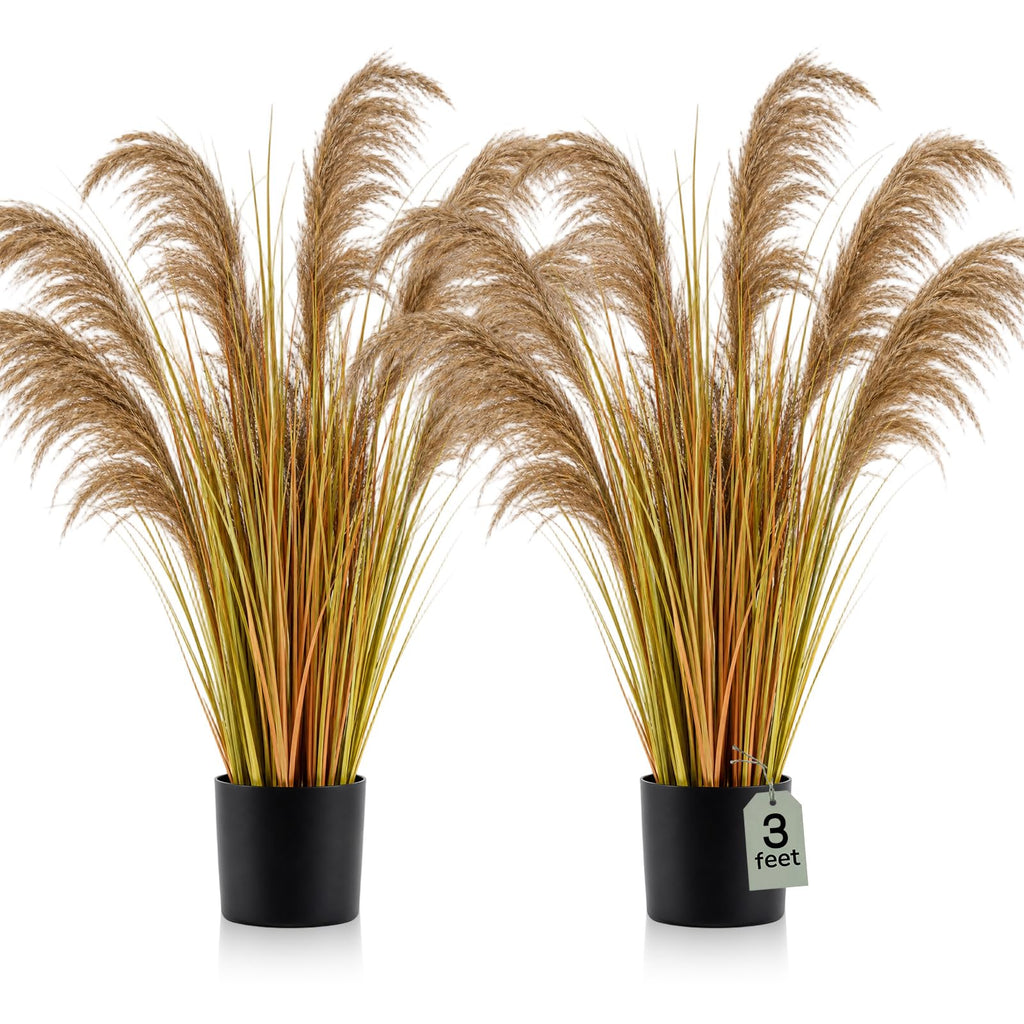 Jexine 2 Pcs Pampas Grass Potted Plants 4 ft Tall Artificial Grass Potted Artificial Greenery Floor Plants Tall in Pot for Housewarming Gift House Garden Bathroom Lobby Outdoor Decoration (Fall)