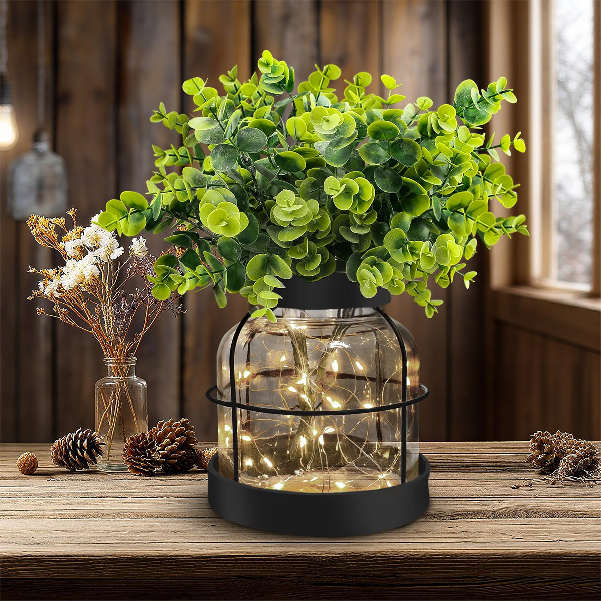 Rustic Farmhouse Glass Vases with Green Artificial Eucalyptus Plants & Lights Primitive Vintage Lantern Home Decor Centerpiece for Counter Coffee Table Shelf Desk Office Dining Room Kitchen Bathroom
