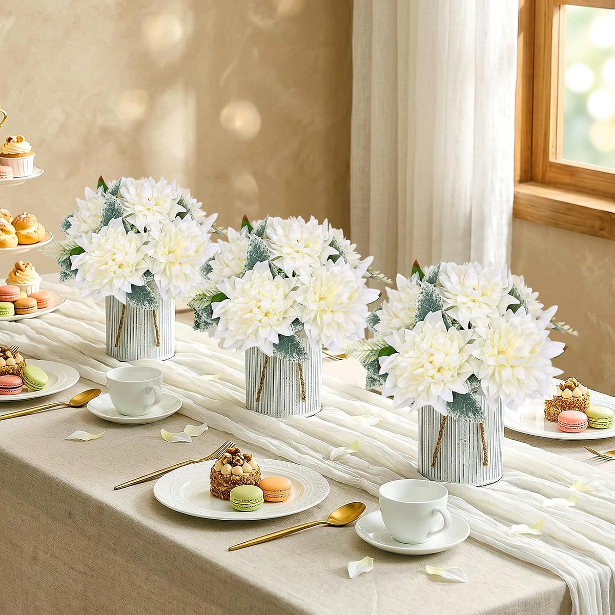 6 Set Pre-Made Flower Table Centerpieces (White, 6 X Dahlias Table Centerpieces)