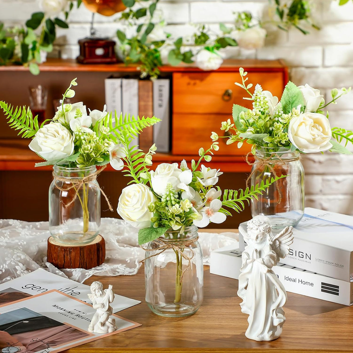 XunYee 10 Set Mason Jars for Centerpieces,White,Rose