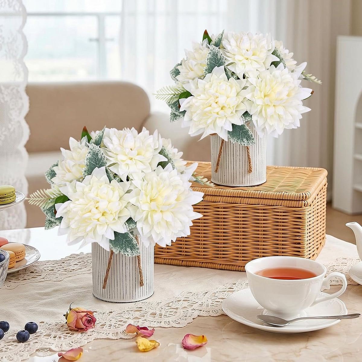 6 Set Pre-Made Flower Table Centerpieces (White, 6 X Dahlias Table Centerpieces)