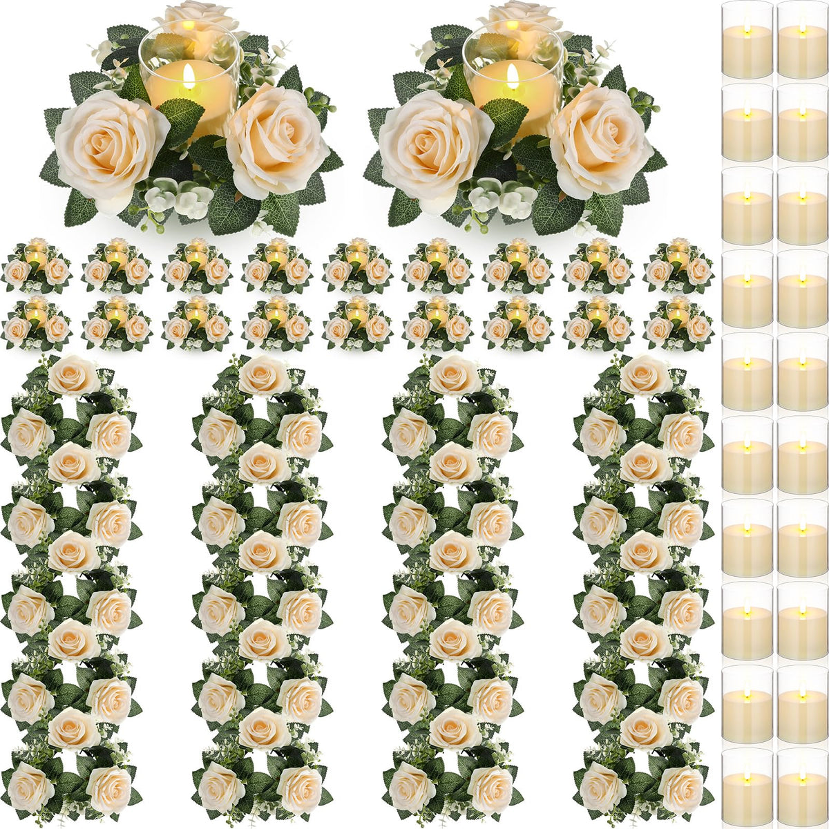 Yunlly 12 Pcs Rose Candle Rings with Candles Sets, White