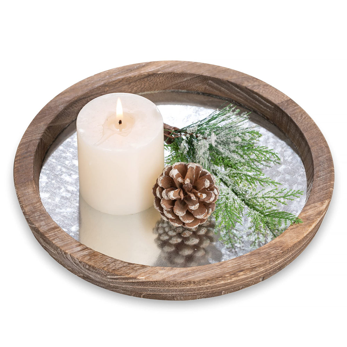 Hanobe Wooden Tray for Coffee Table, Decorative Round Candle Holder Plate