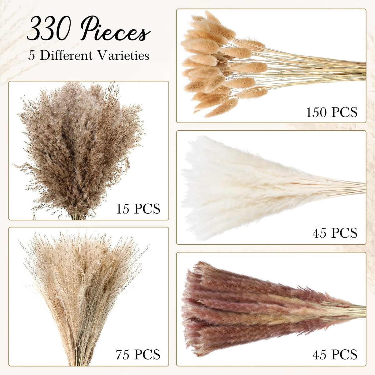 330 Pcs Dried Pampas Grass Decor, 17 Inch Dried Flower Plants Bulk White and Brown Pampas Grass Reed Bunny Tails Bouquet for Wedding Boho Home Table Decor Rustic Farmhouse Party Decoration