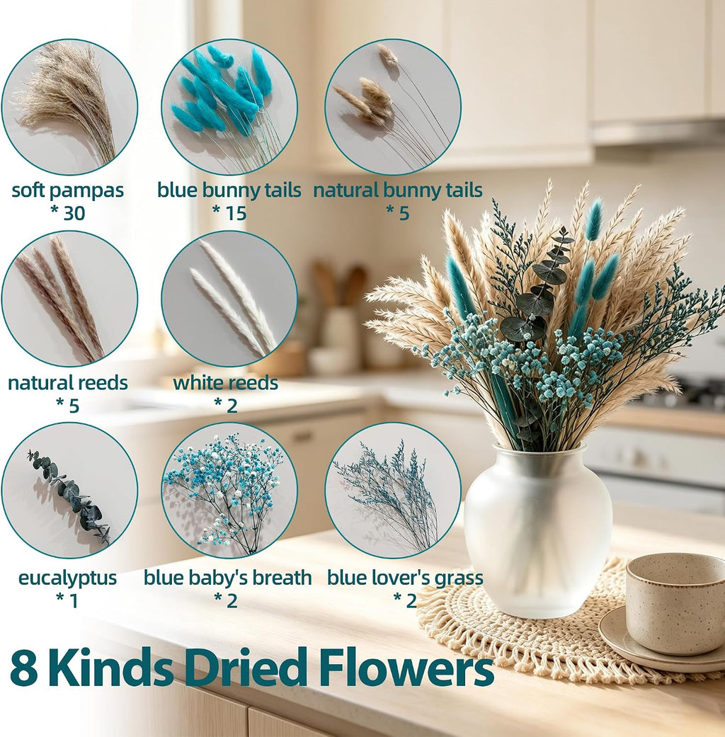 62 Pcs Dried Pampas Grass Bouquet with Turquoise Flowers & Teal Pampas Grass, Natural Blue Pampas Grass Decor for Boho Home, Wedding Centerpieces, Vase Filler and DIY Crafting(LP-PG-01)