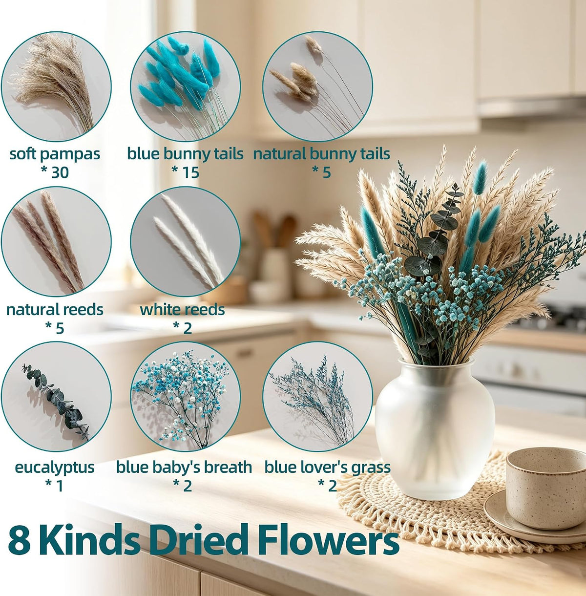 62 Pcs Dried Pampas Grass Bouquet with Turquoise Flowers & Teal Pampas Grass, Natural Blue Pampas Grass Decor for Boho Home, Wedding Centerpieces, Vase Filler and DIY Crafting(LP-PG-01)
