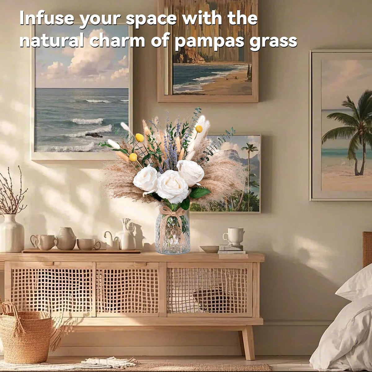 Faux Flower Arrangement with Vase, Center Pieces Decoration for Table, Pampas Grass Floral Décor, Thanksgiving & Christmas Coffee Table Decorations, Artificial Flowers in Vase, Centro de Mesa
