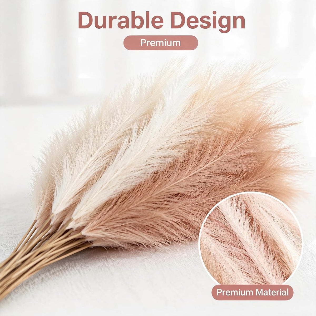 QGG 60 PCS 21.7 Inch Ultra Fluffy FauxPampas Grass, No Shedding ArtificialDried Grass, Boho Home BedroomWedding Vase Filler Floral ArrangementDecor(Sand & Beige & Light Brown)