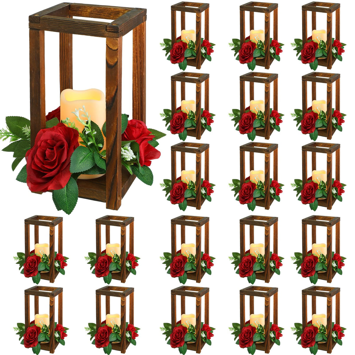 Hushee 30 Pcs Wooden Wedding Lantern Centerpiece, Red Rose, Brown