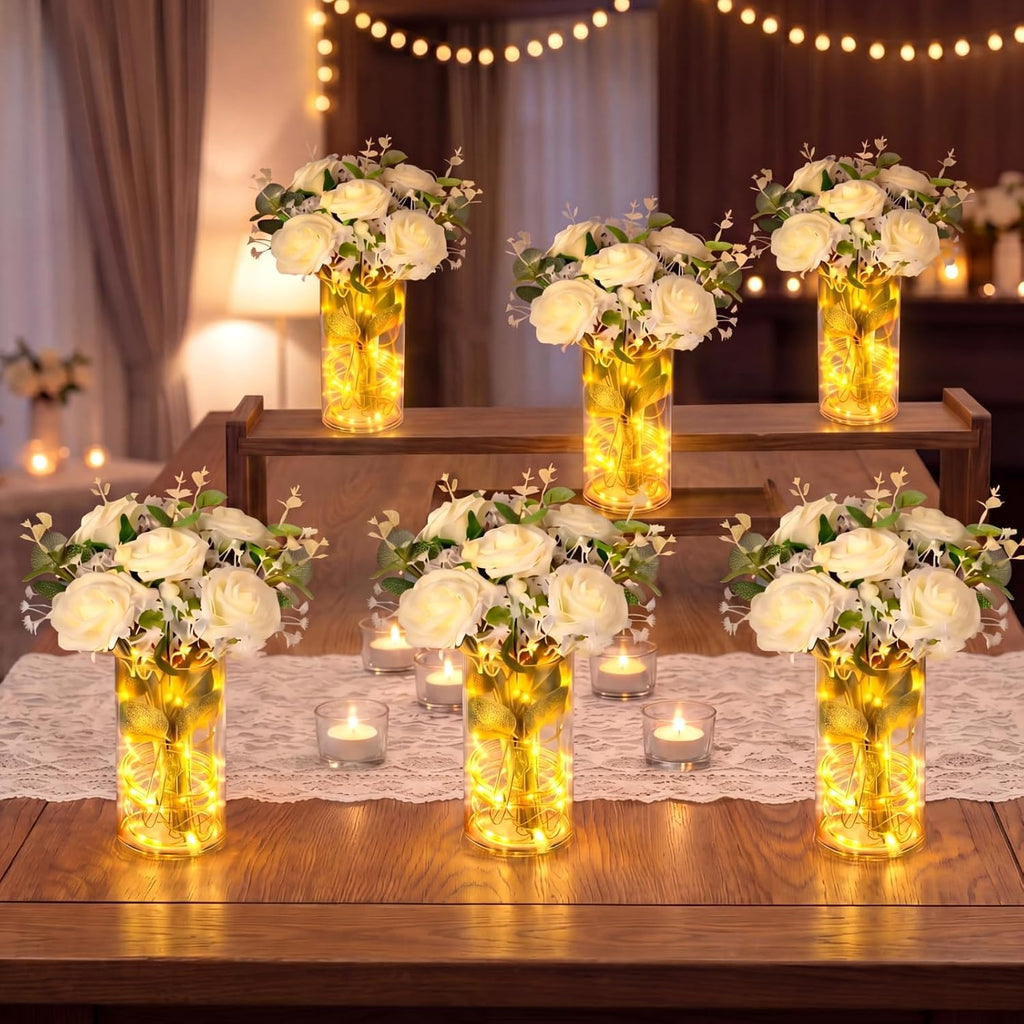Domensi Set of 6 LED Lighted Floral Table Centerpieces, Faux Roses, Eucalyptus & Baby's Breath in Acrylic Vase, Glowing Rustic Wedding Decor for Bridal Shower, Party & Dining Table(White)