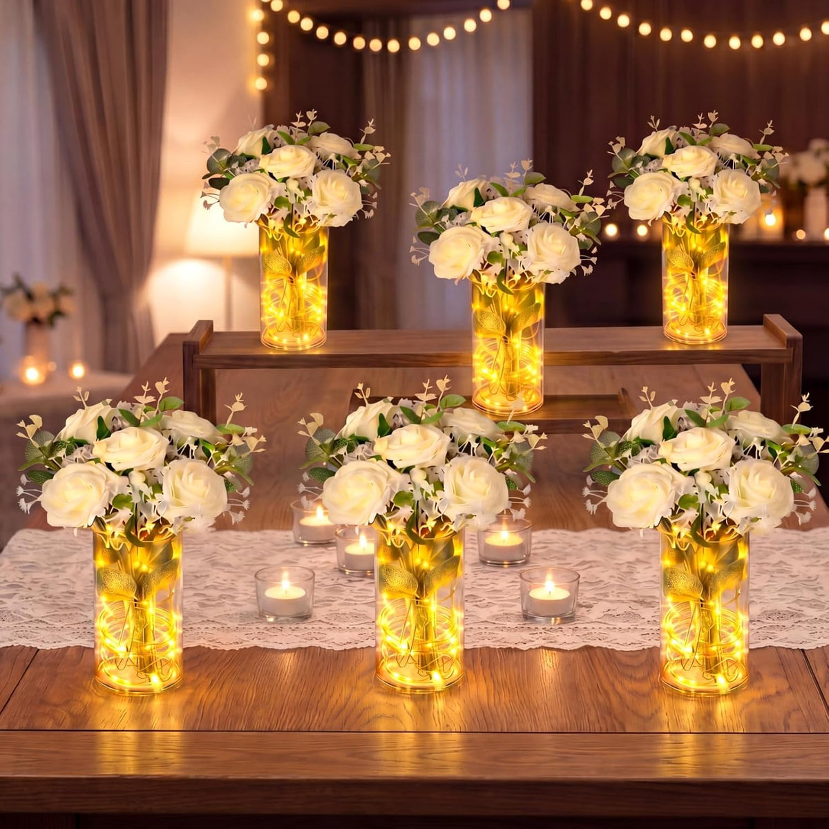 Domensi Set of 6 LED Lighted Floral Table Centerpieces, Faux Roses, Eucalyptus & Baby's Breath in Acrylic Vase, Glowing Rustic Wedding Decor for Bridal Shower, Party & Dining Table(White)
