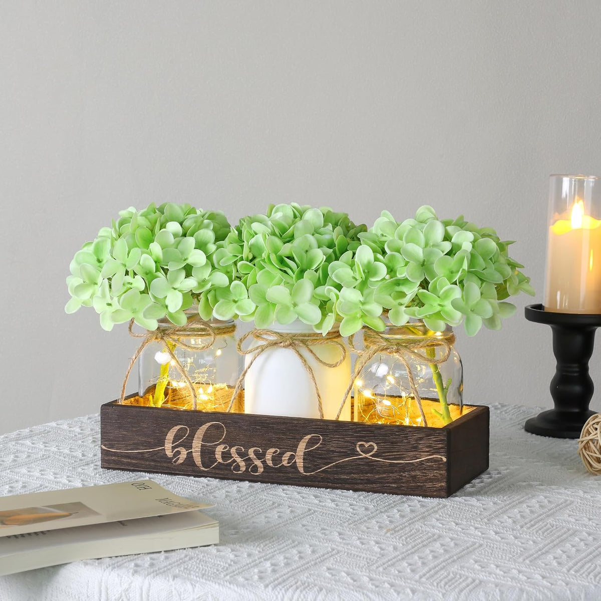 Farmhouse Mason Jar Table Centerpiece with Green Hydrangea Flowers, Lighted Artificial Floral Arrangement with Wood Tray, Rustic Table Decor for Kitchen Coffee Table Living Room Home