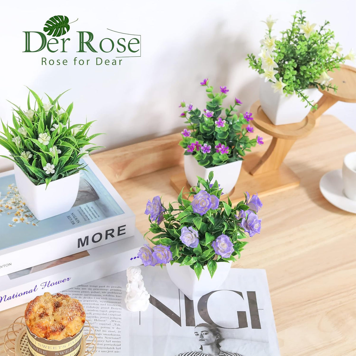Der Rose 4 Pack Small Fake Plants with Flowers, Spring Home Bathroom Decor