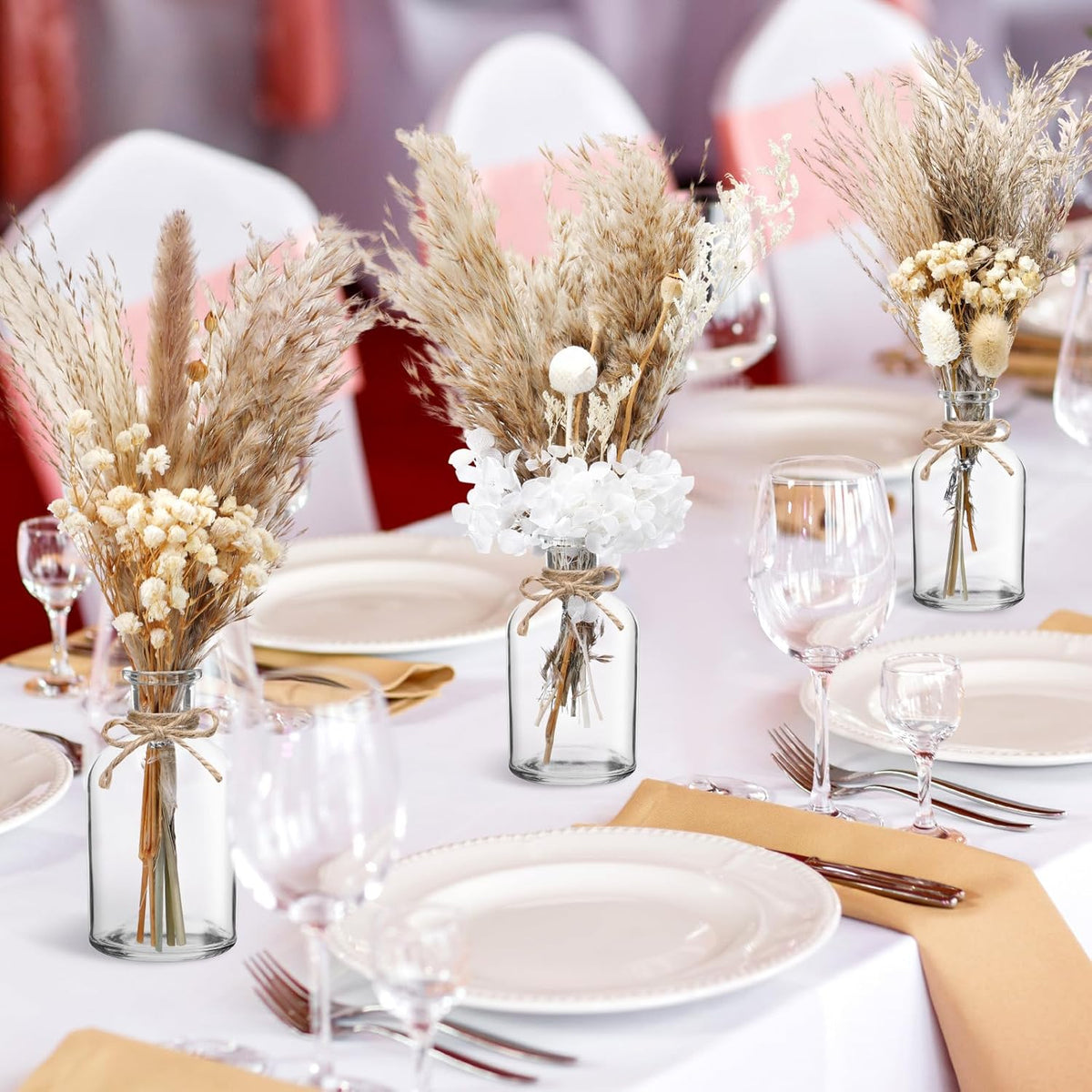 Nuanchu 10 Pcs Dried Pampas Grass Centerpiece with 10 Glass Vase, Rope