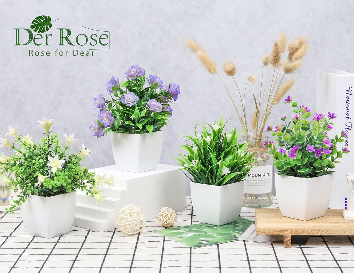 Der Rose 4 Pack Small Fake Plants with Flowers, Spring Home Bathroom Decor