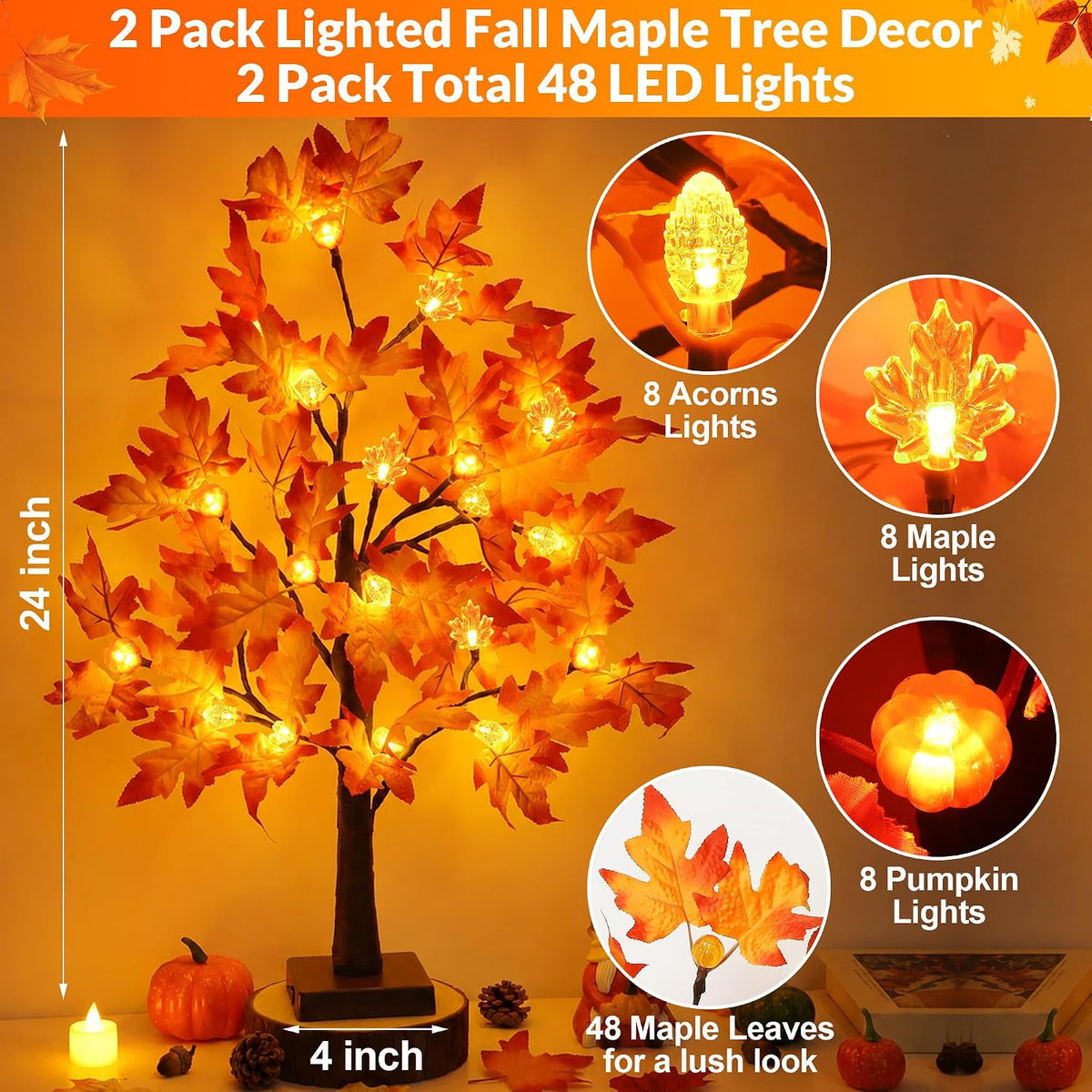 [Timer] 2 Pack 24 Inch Fall Maple Tree Decor with 48 LED Fall Thanksgiving Decorations, Battery Operated Fall Tree Lights with Pumpkin Acorn Maple for Fall Thanksgiving Table Decorations Home Indoor
