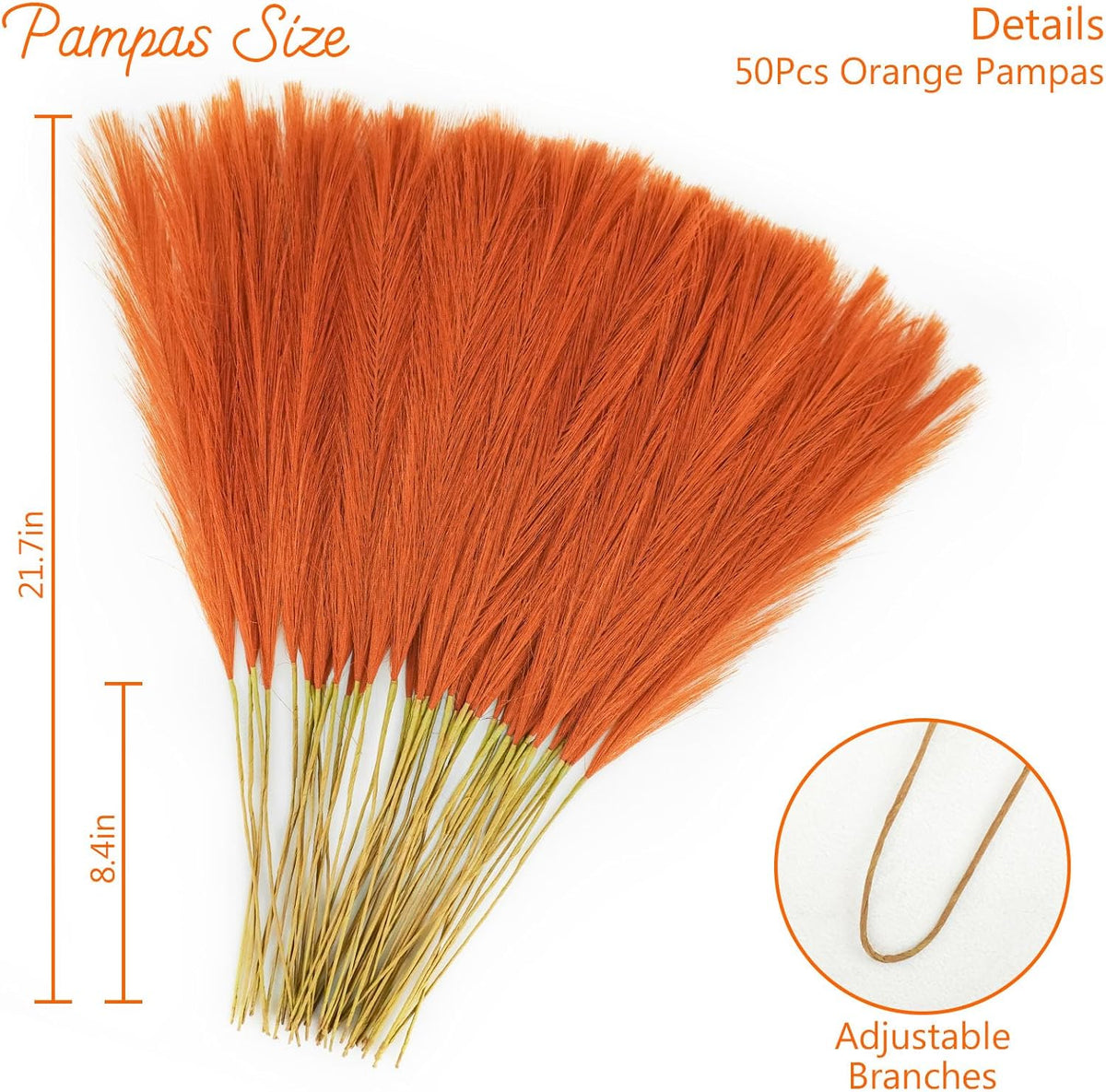 obbsie 50PCS Burnt Orange Faux Pampas Grass Decor, 21.6" Fluffy Vase Filler