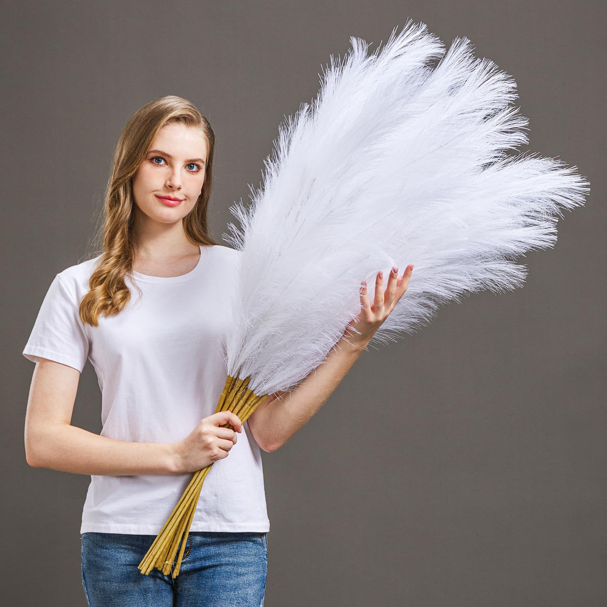 7 Pcs 45" Faux Pampas Grass – Fluffy Artificial Pompous Grass for Tall Floor Vase, Non-Shedding Home Decor, Boho Wedding Flowers, Baby Shower Centerpieces, Bedroom & Living Room Decor (Blue)