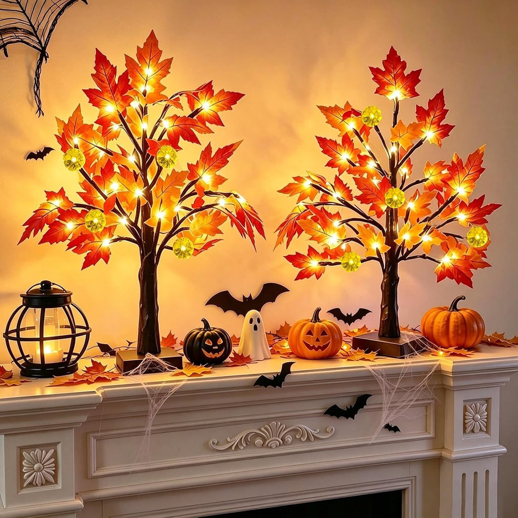 TURNMEON Fall Decor 2 Pack 18 Inch Prelit Fall Maple Tree 48 LEDs Timer