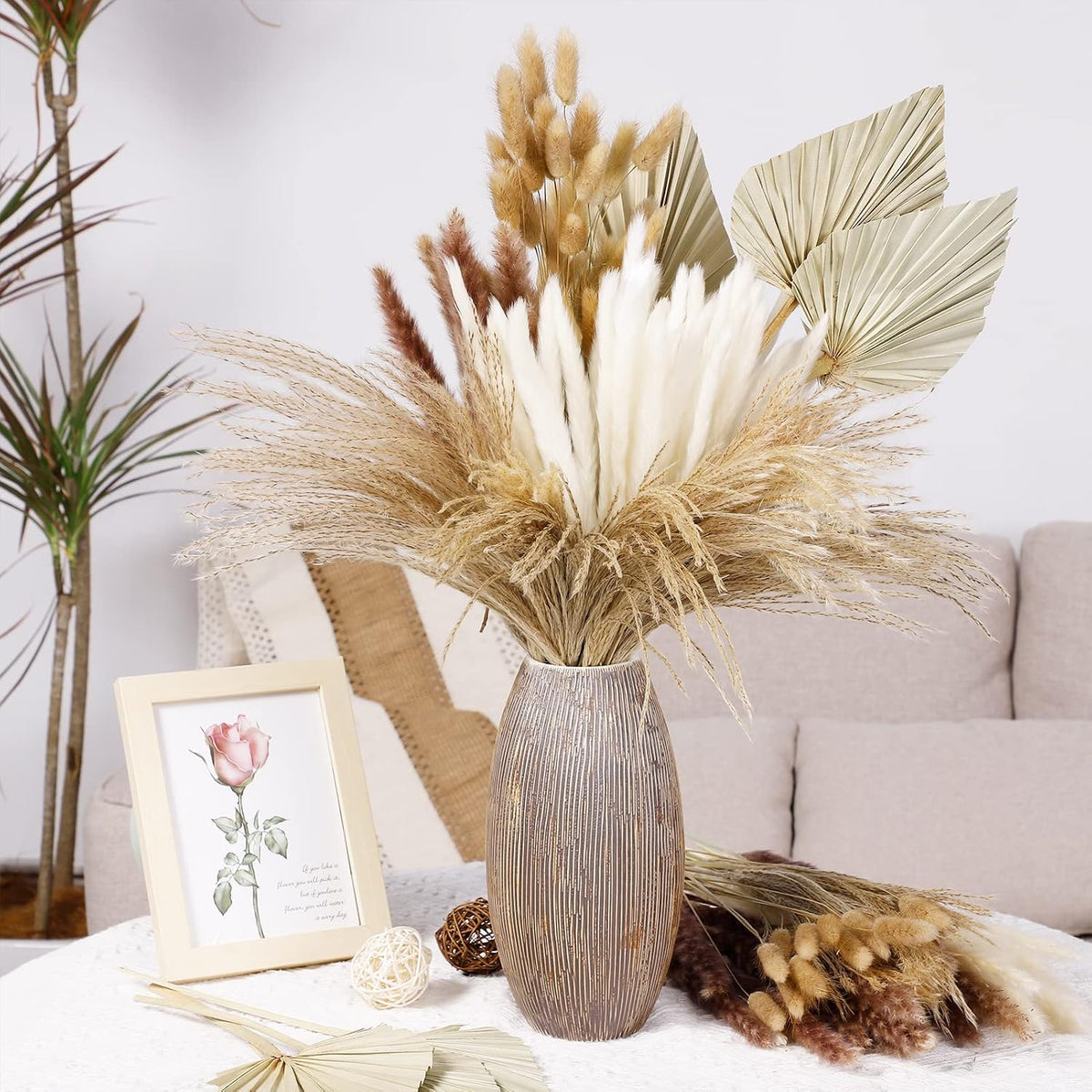 110 Pieces Dried Pampas Grass Decor Bulk, Dried Palm Spears Bunny Tails Pampas Reed Grass Dried Palm Leaves Dried Flower Bouquet for Wedding Boho Home Decor