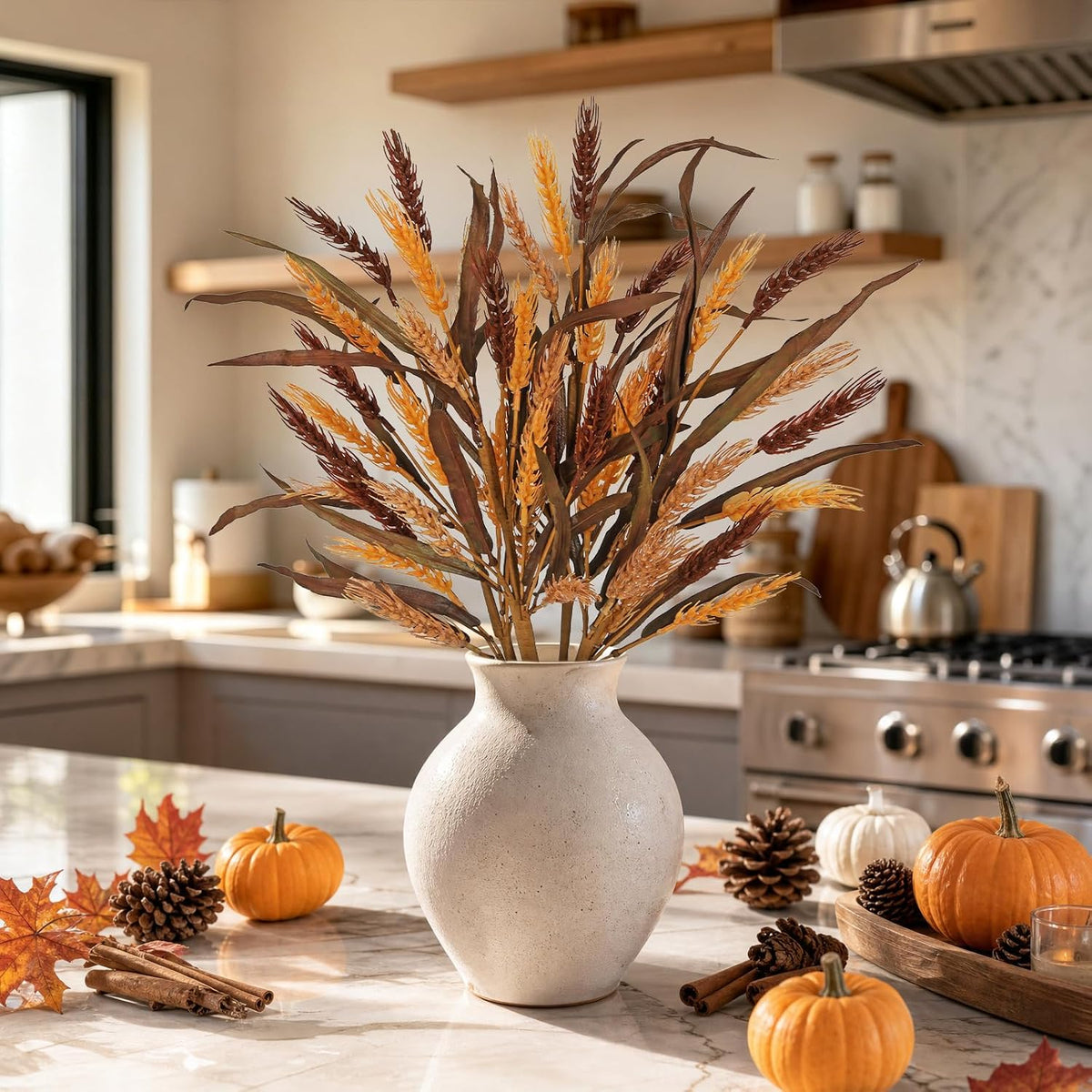 Hollyone 4Pcs Fall Stems Artificial Wheat Stalks 24.8inch Fall Floral Stems Wheat Stalks Bundle Arrangement Pampas Grass Flowers Bouquet Boho Decor for Harvest DIY Thanksgiving Farmhouse Decor Orange