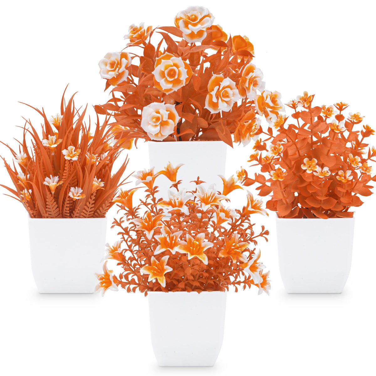 Der Rose 4 Pack Small Fake Plants with Flowers, Spring Home Bathroom Decor