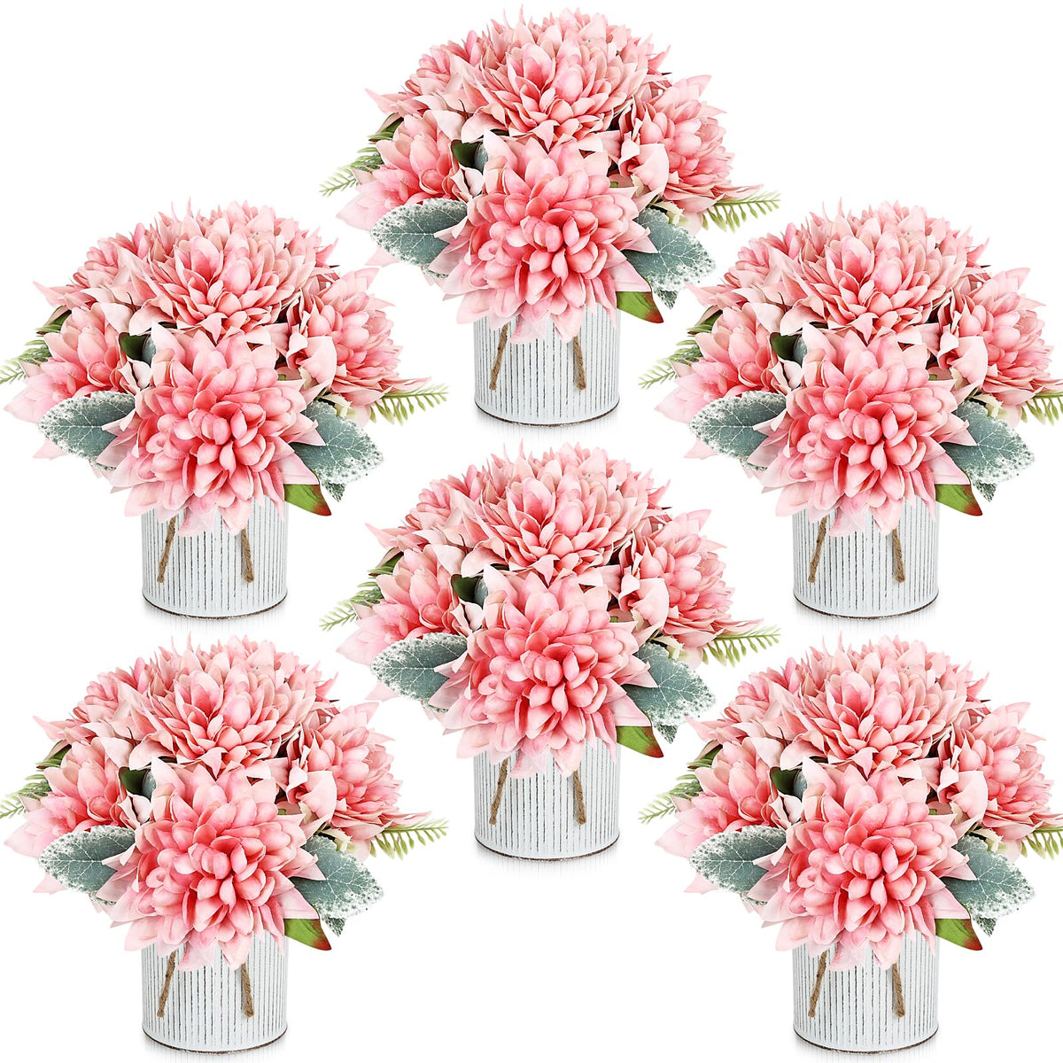 6 Set Pre-Made Flower Table Centerpieces (White, 6 X Dahlias Table Centerpieces)