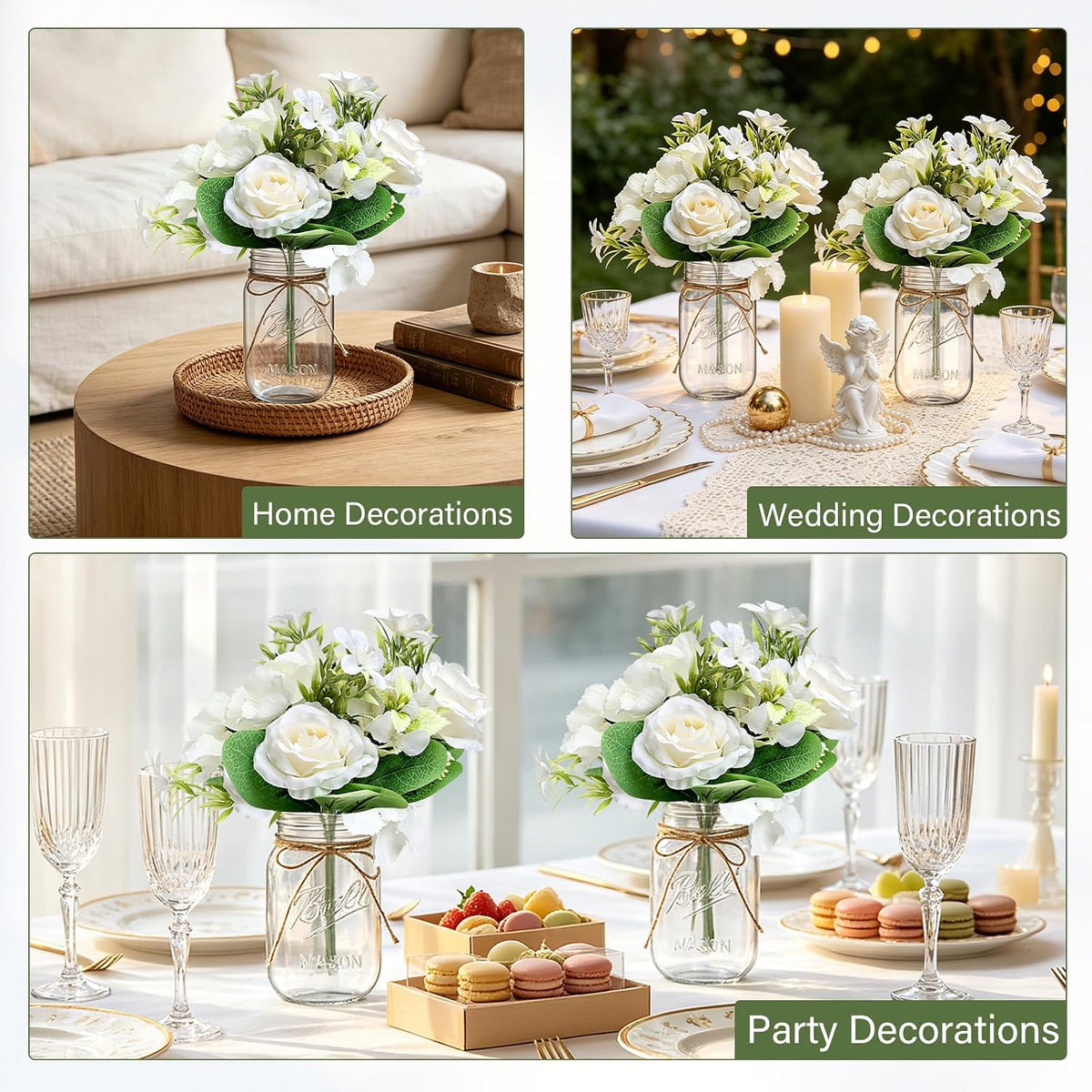 10 Sets Mason Jars Flower Table Centerpiece with White Rose - Ivory