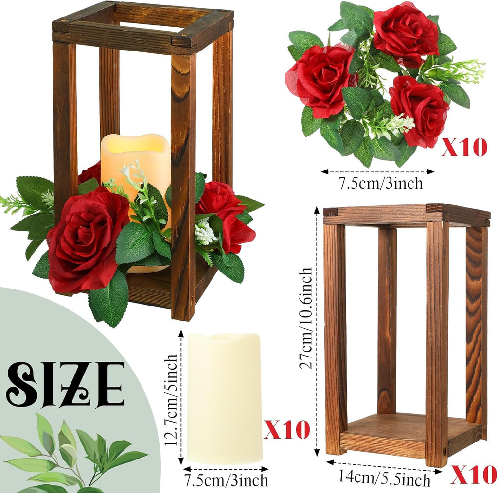 Hushee 30 Pcs Wooden Wedding Lantern Centerpiece, Red Rose, Brown