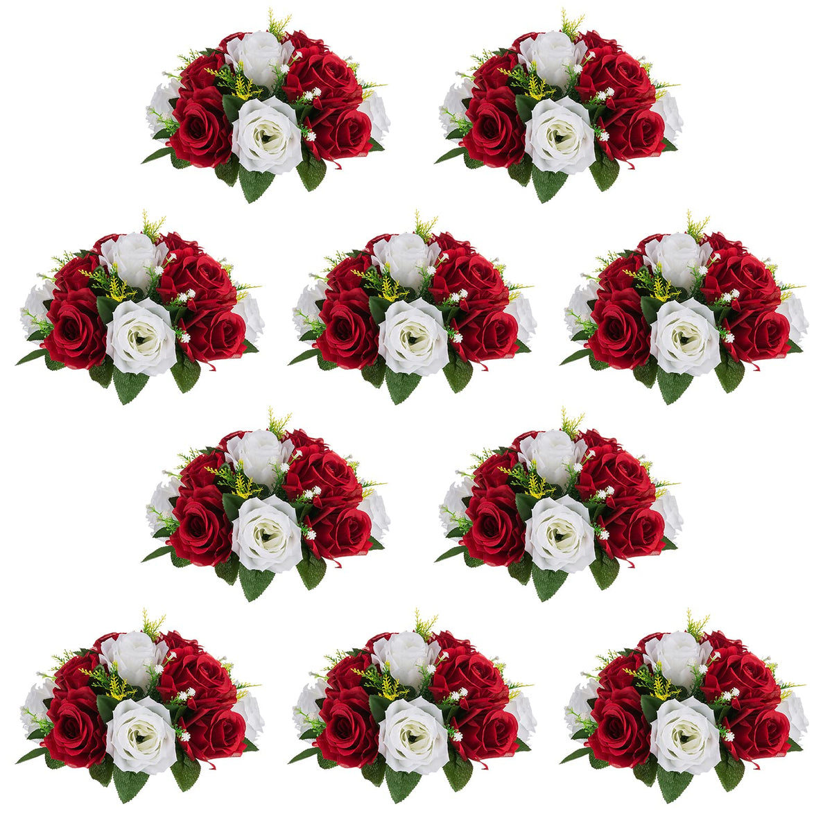 Nuptio Artificial Flower Centrepieces for Tables - 6 Pcs Burgundy & Dusty Rose & Creamy White Fake Flowers Roses Balls 9.5in Diam - Silk Faux Rose Arrangement for Wedding Party Centerpiece Table Decor