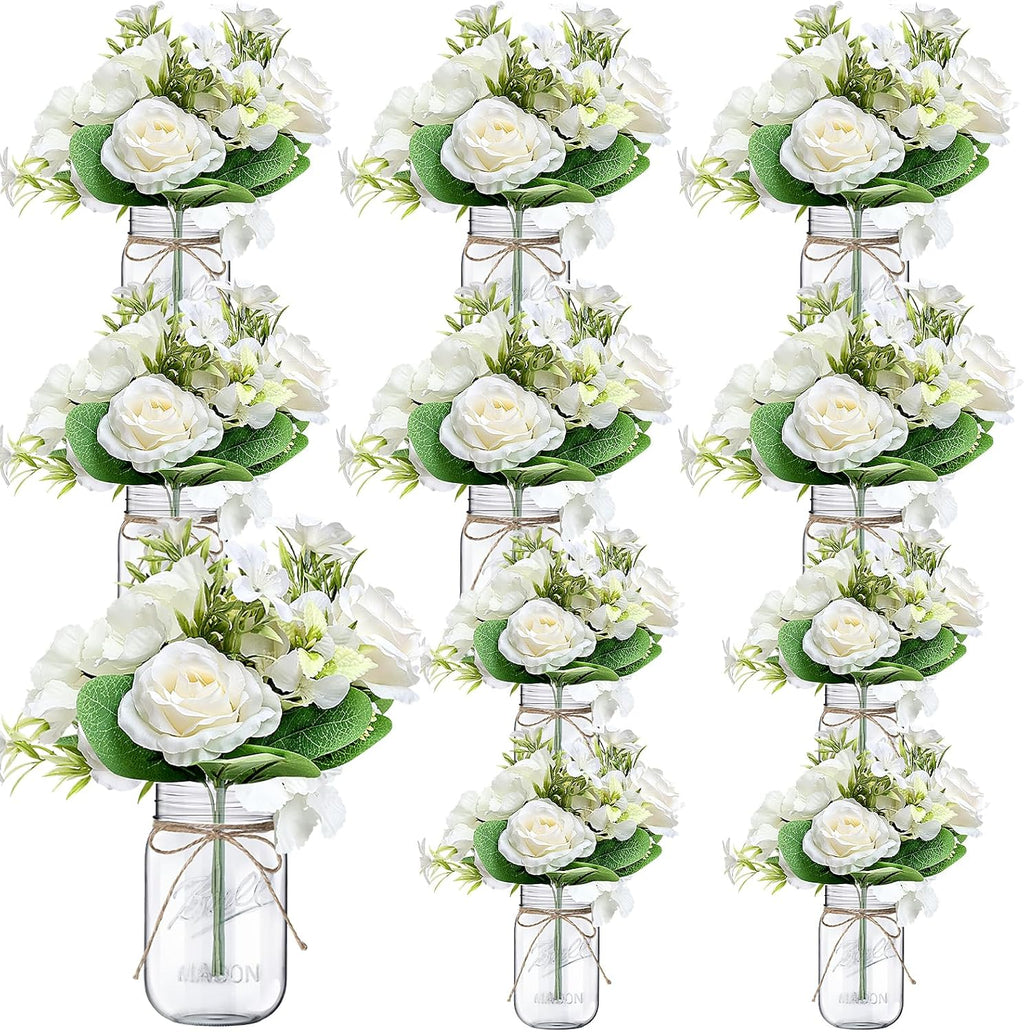10 Sets Mason Jars Flower Table Centerpiece with White Rose - Ivory
