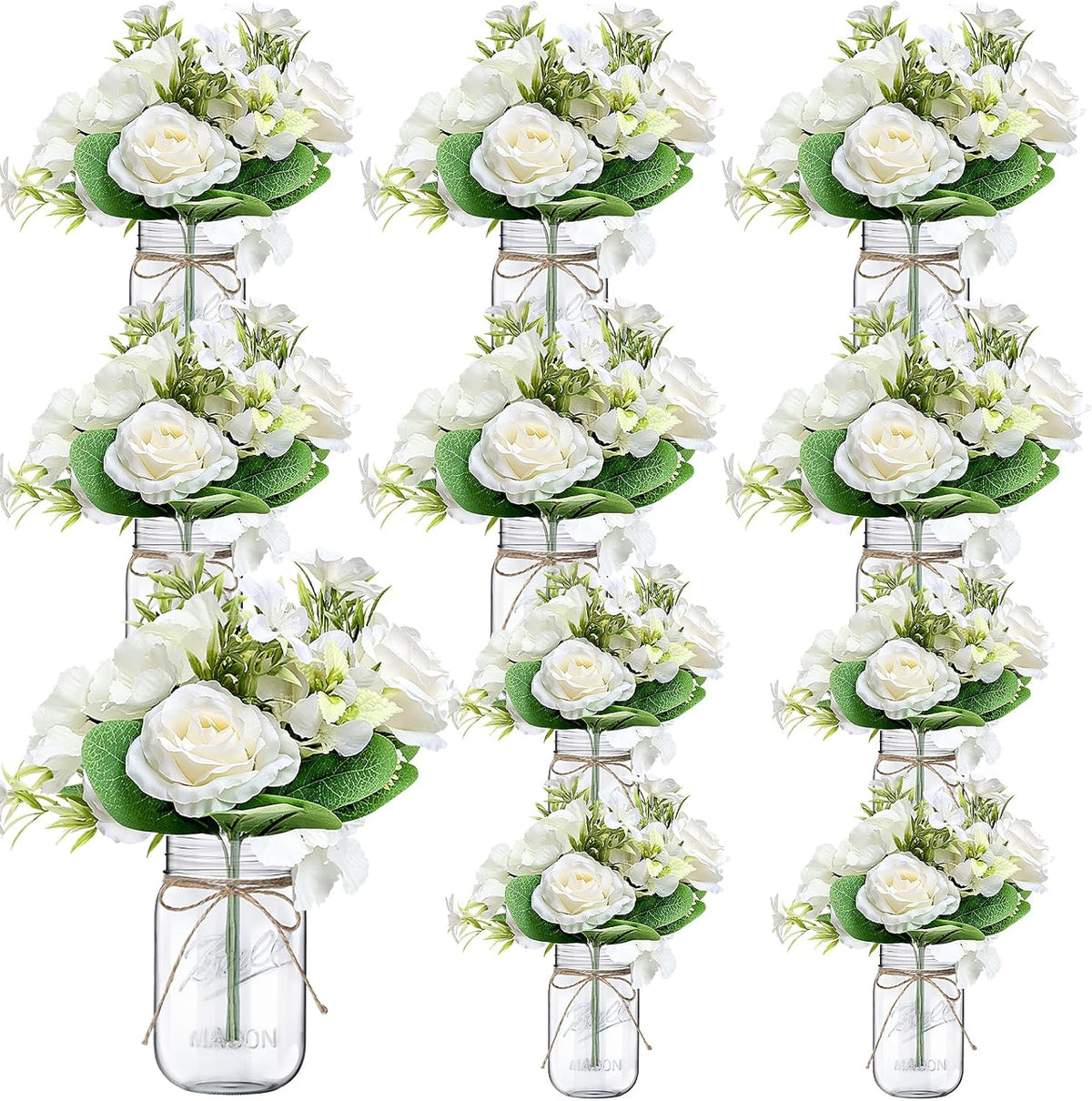 10 Sets Mason Jars Flower Table Centerpiece with White Rose - Ivory