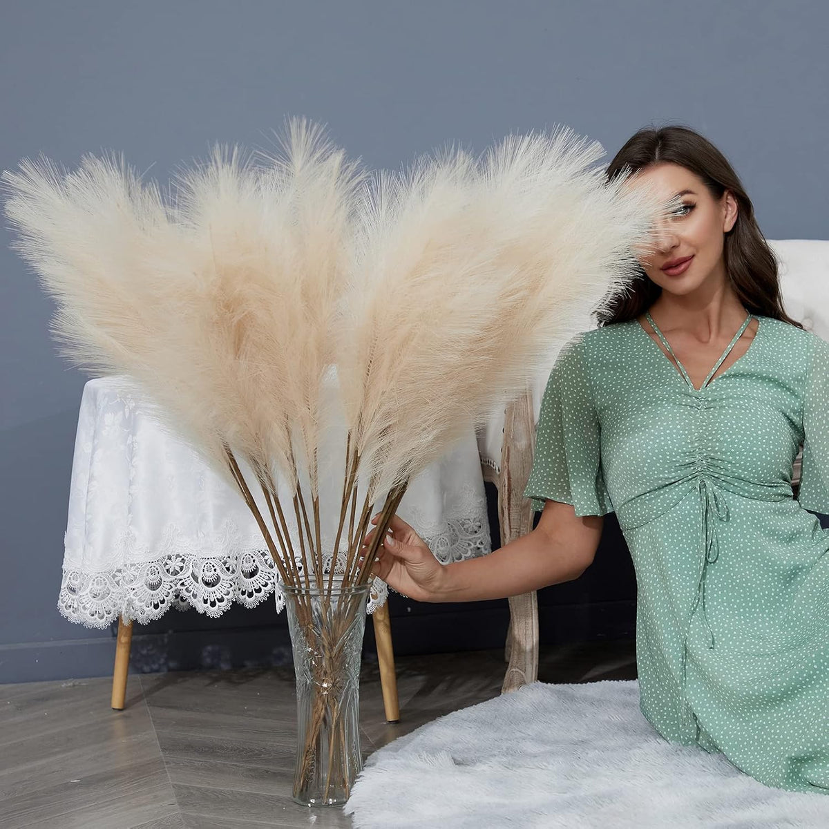 FOTEEWL 8 PCS 38"/3.1FT Large Artificial Pampas Grass Branches(Cream/Beige)