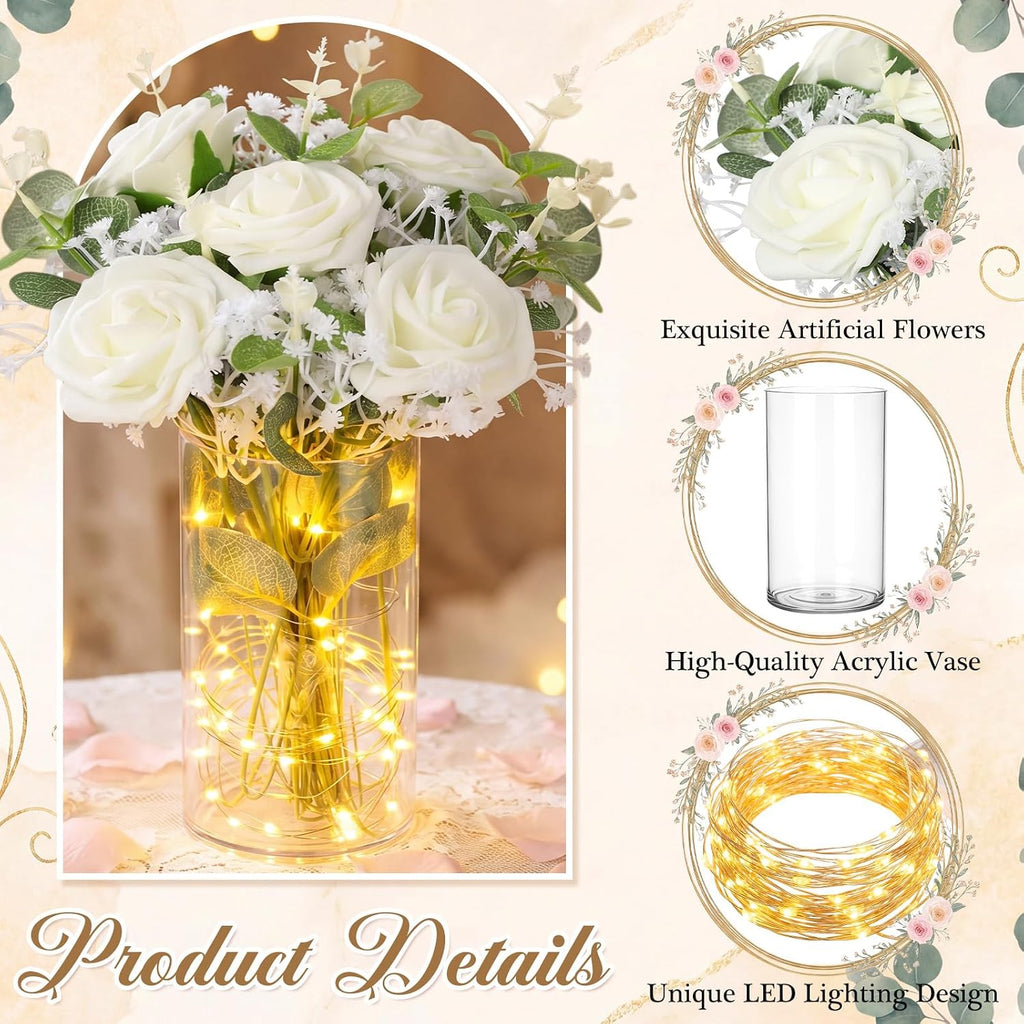 Domensi Set of 6 LED Lighted Floral Table Centerpieces, Faux Roses, Eucalyptus & Baby's Breath in Acrylic Vase, Glowing Rustic Wedding Decor for Bridal Shower, Party & Dining Table(White)