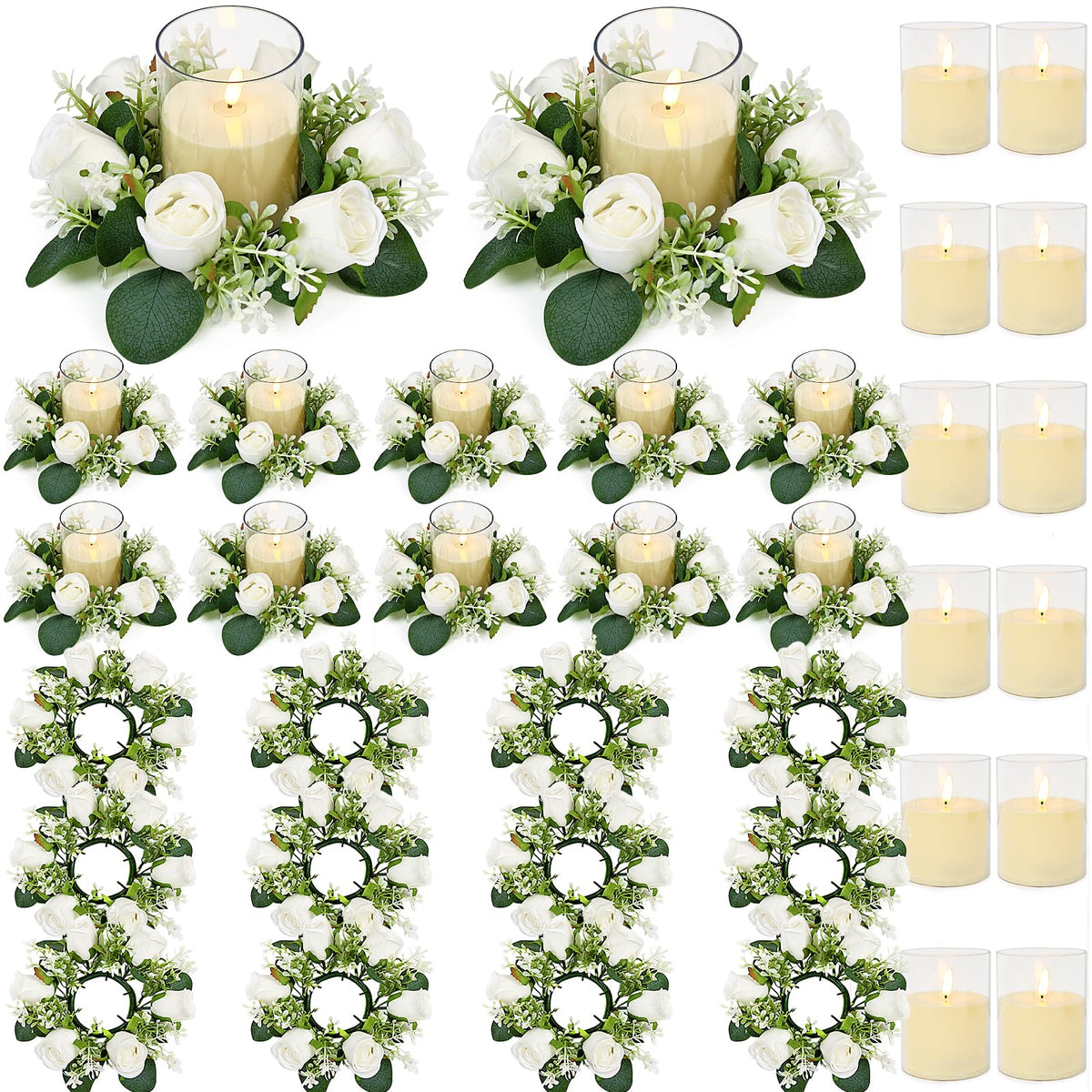 White Rose Candle Rings with Flameless Candles Sets - 12PCS Artificial Flower Eucalyptus Wedding Centerpiece 3 Inch Pillar Candleholders Wreaths for Wedding Party Decor (White - 6 Sets)