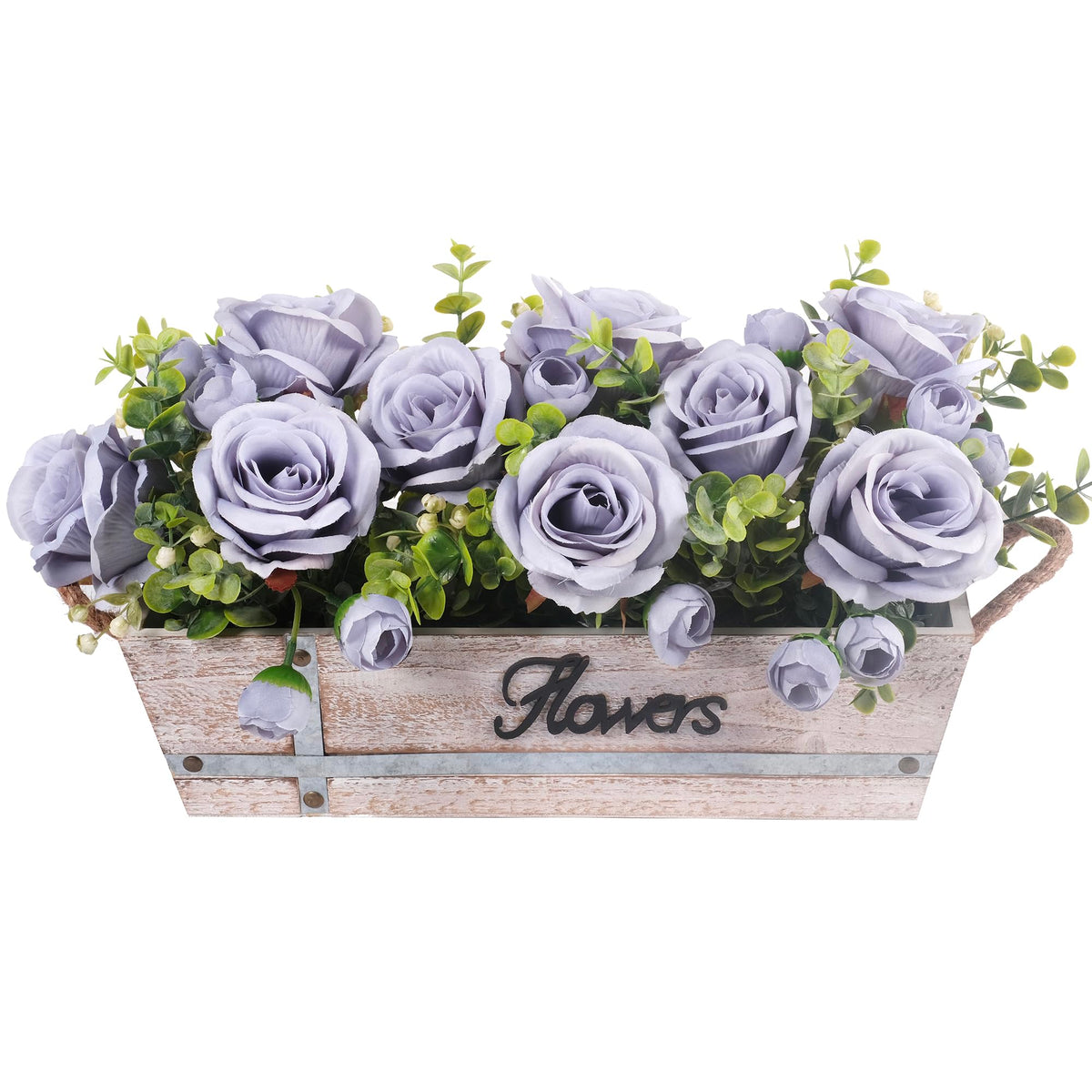 Centerpiece Table Decorations Rustic Wood Tray with 3 Artificial Champagne Rose Flowers and Fake Eucalyptus for Dining Room Farmhouse Living Room Kitchen and Coffee Table Décor
